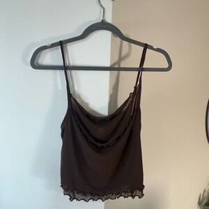 Brown Mesh Cowl Neck Crop Top Tank Top